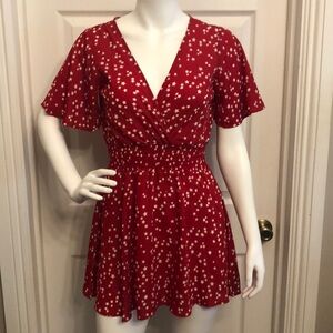 Heart  Hips pullover elastic waist red white stars mini dress short slee…